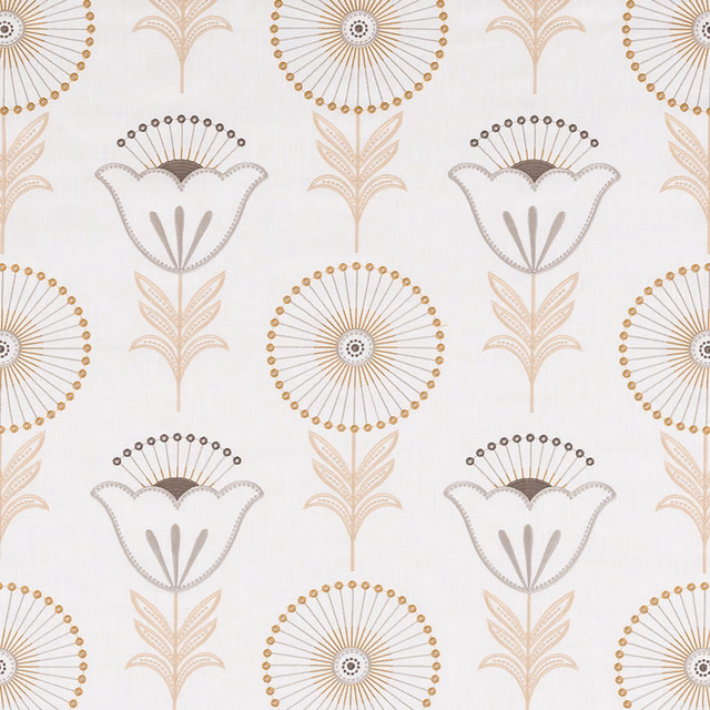 Ivory patterned fabric with gold circular motifs and taupe floral outlines