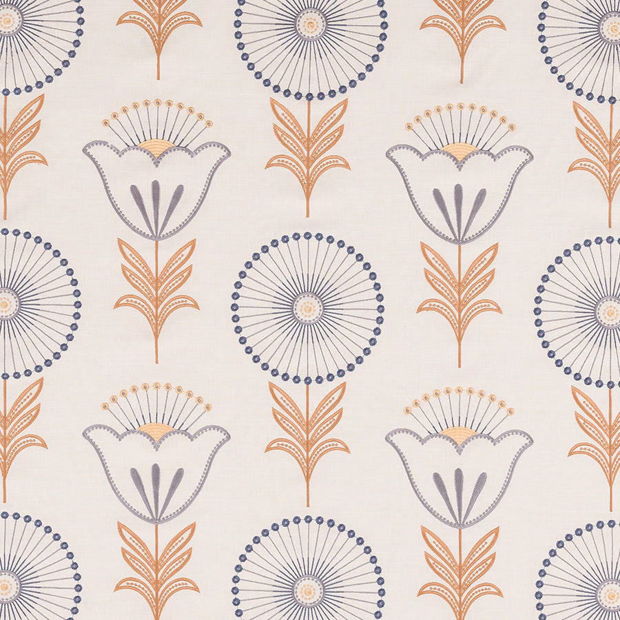 Cream fabric swatch with blue circular medallions and apricot botanical motifs