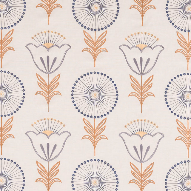 Cream fabric swatch with blue circular medallions and apricot botanical motifs