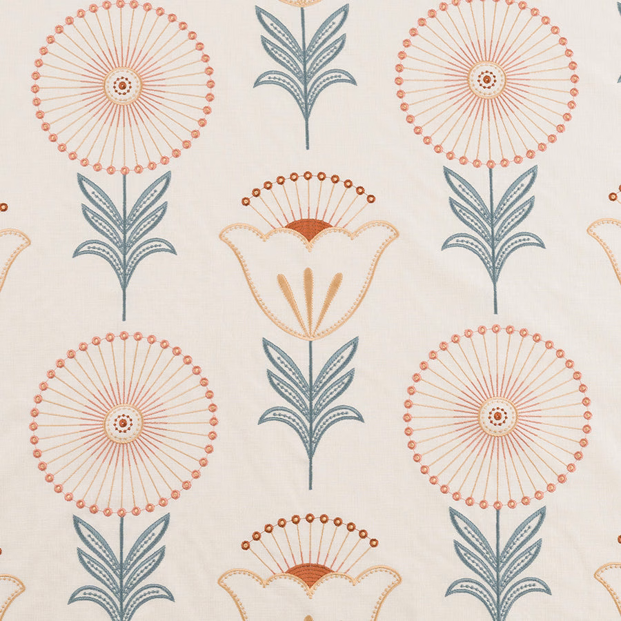 Teal and coral floral repeat on a soft ivory woven fabric