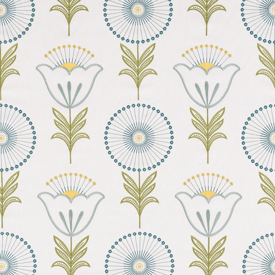 Printed botanical fabric with teal circular blooms and olive green stems on a pale ground