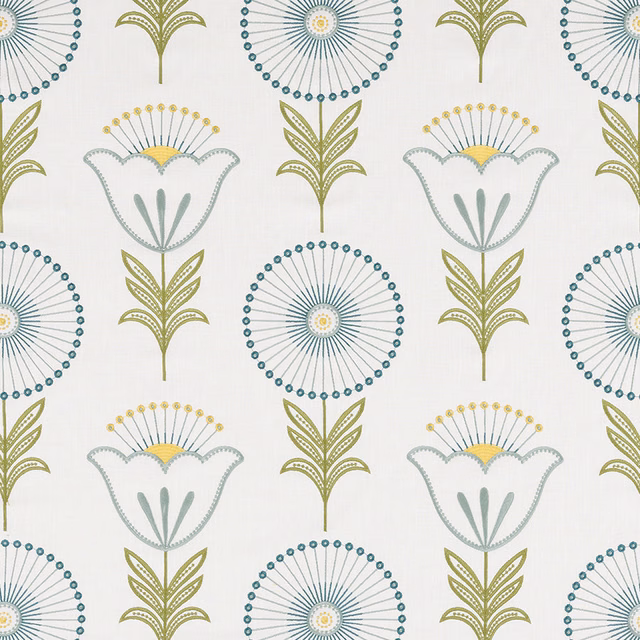 Printed botanical fabric with teal circular blooms and olive green stems on a pale ground