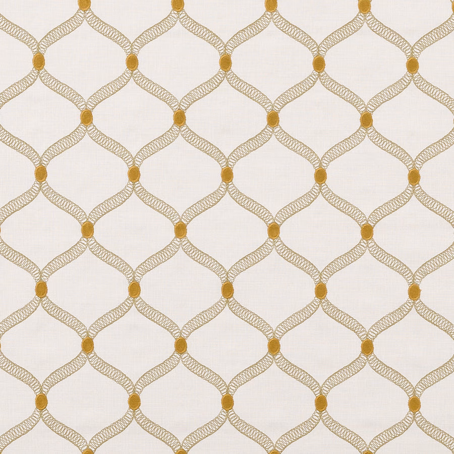 Ochre geometric loop pattern on a pale woven ground