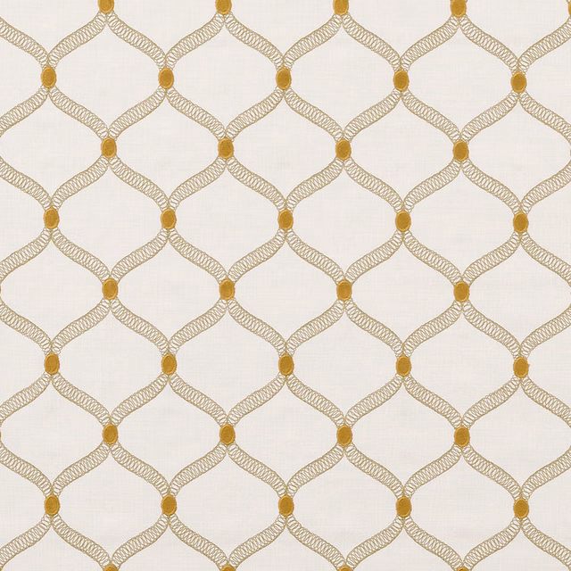 Ochre geometric loop pattern on a pale woven ground