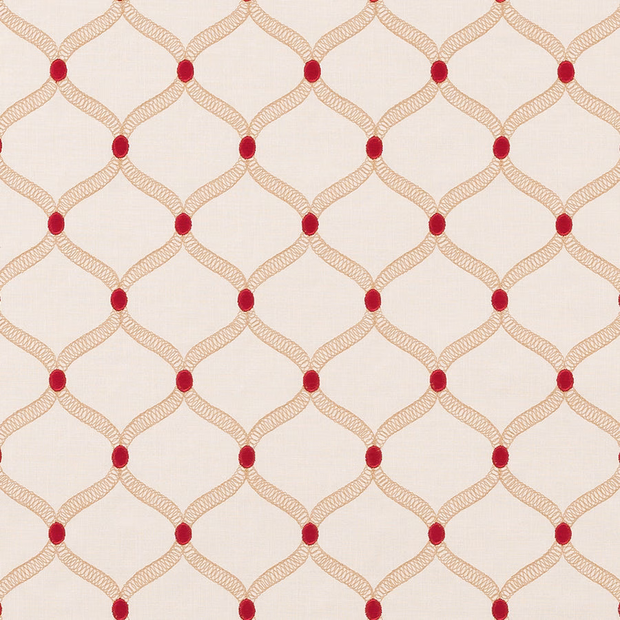 Cream geometric fabric with pale lattice lines and vivid red dot accents