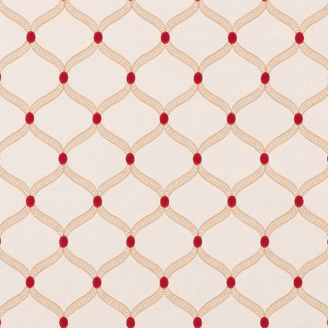 Cream geometric fabric with pale lattice lines and vivid red dot accents