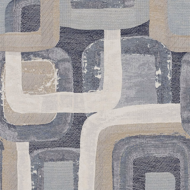 Abstract interlocking geometric fabric in indigo, blue-grey, cream and taupe