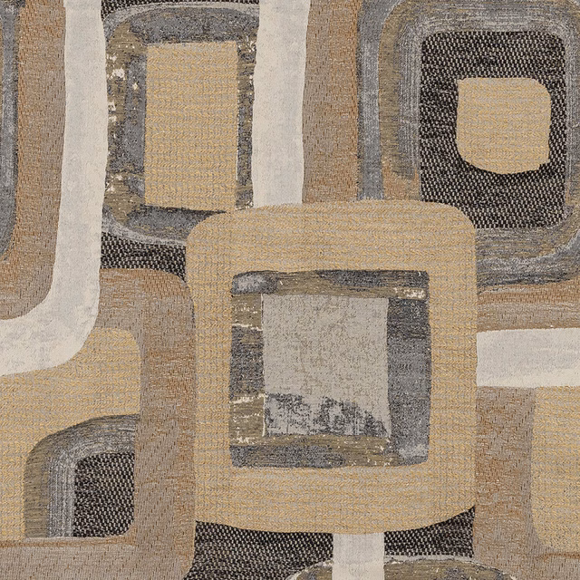 Geometric fabric swatch in warm beige, taupe and charcoal squares