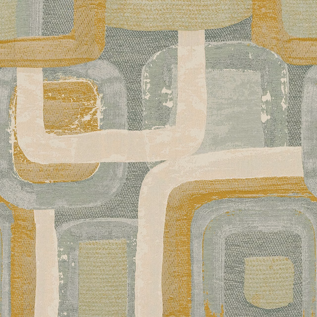 Abstract geometric fabric in seafoam blue-green, ivory and mustard blocks