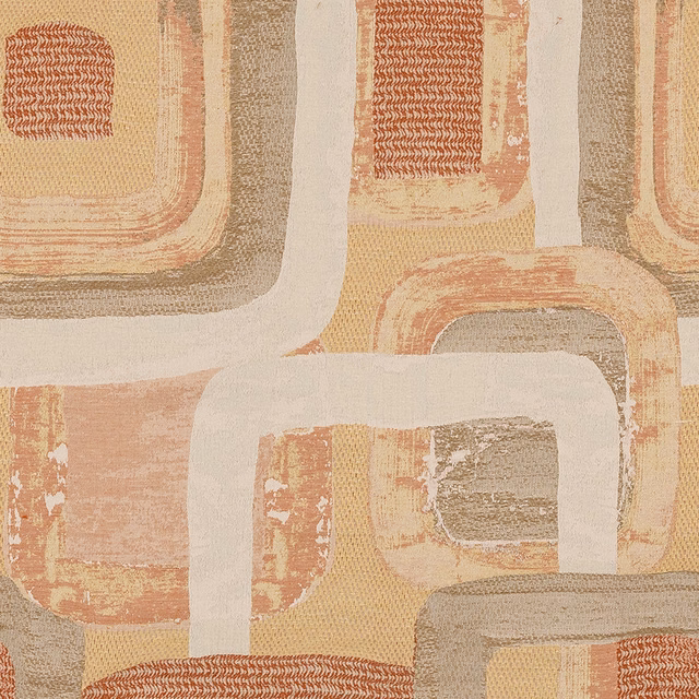 Large geometric fabric swatch in terracotta, beige and cream with a worn texture