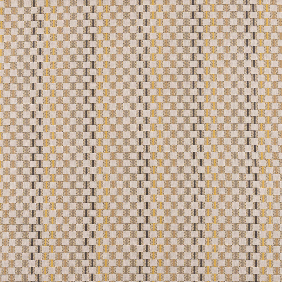 Small geometric woven swatch in cream, taupe, charcoal and muted yellow accents