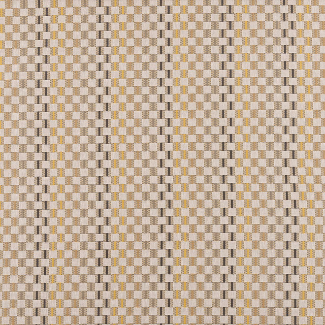 Small geometric woven swatch in cream, taupe, charcoal and muted yellow accents