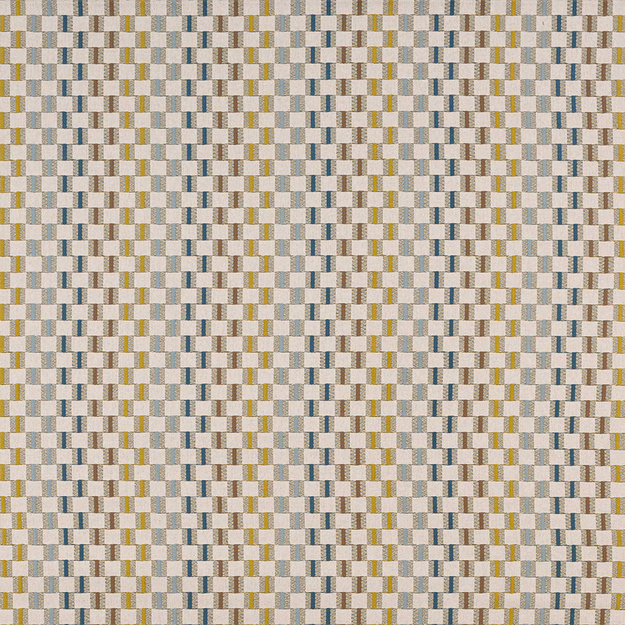 Small woven check fabric in seafoam blue, taupe, mustard and cream