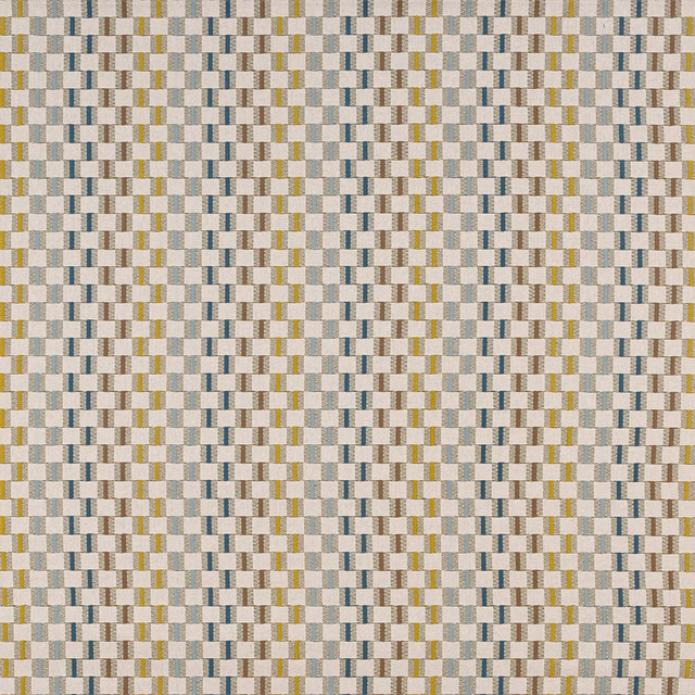 Small woven check fabric in seafoam blue, taupe, mustard and cream