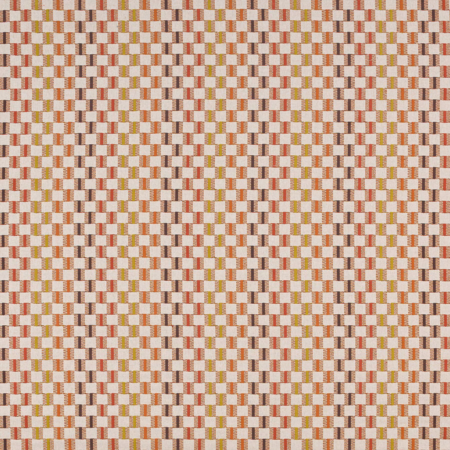 Small geometric fabric swatch in terracotta, ochre and cream grid pattern
