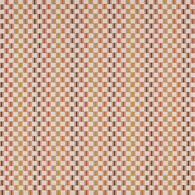 Small geometric fabric swatch in terracotta, ochre and cream grid pattern