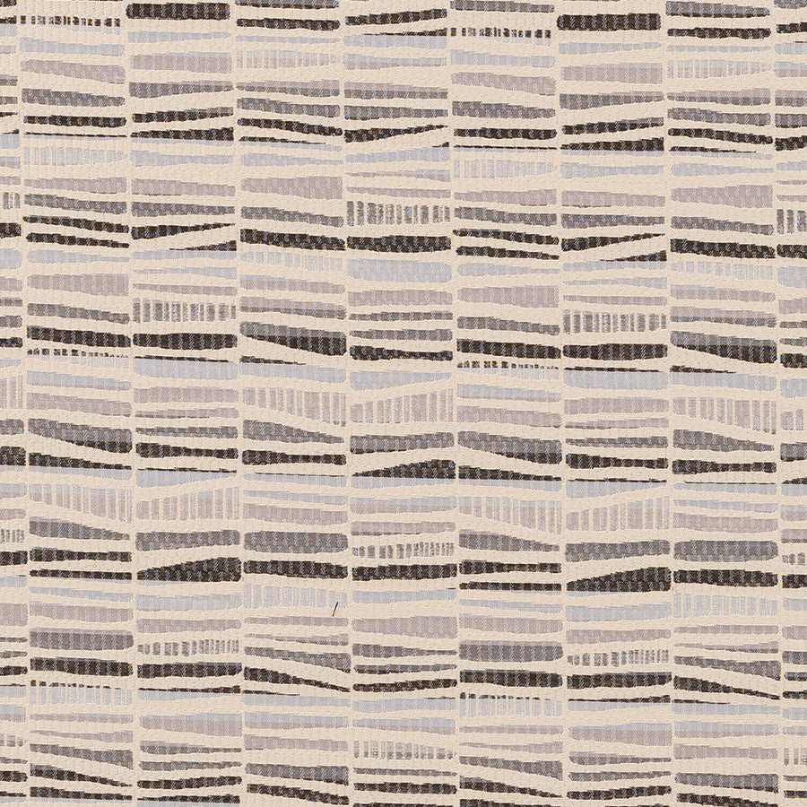 Close-up of muted dove-grey striped fabric with broken charcoal and pale bands