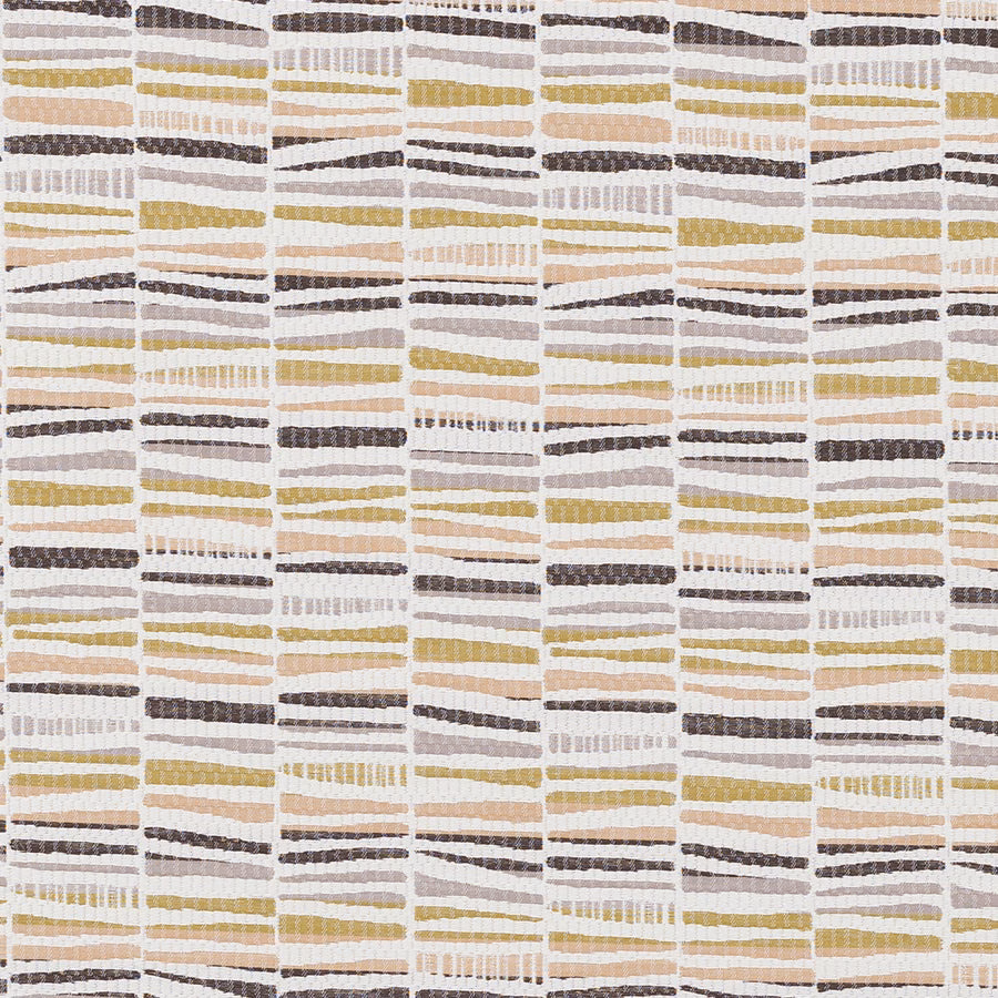 Swatch of ochre, taupe and charcoal broken stripe fabric on a light ground