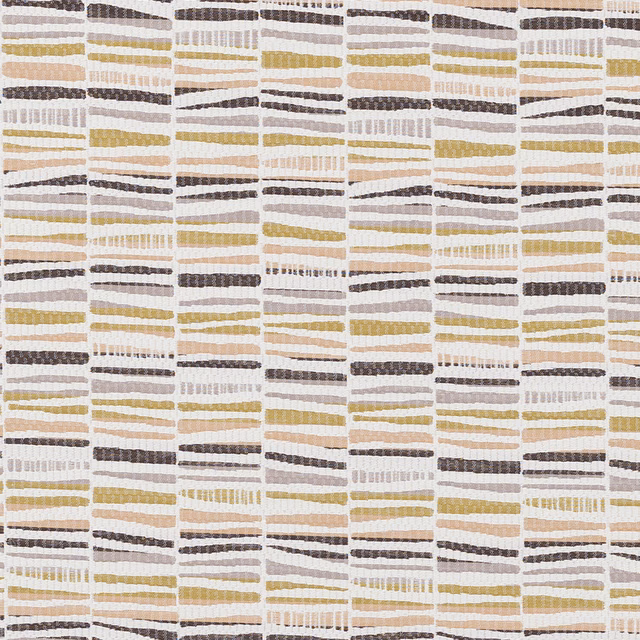 Swatch of ochre, taupe and charcoal broken stripe fabric on a light ground