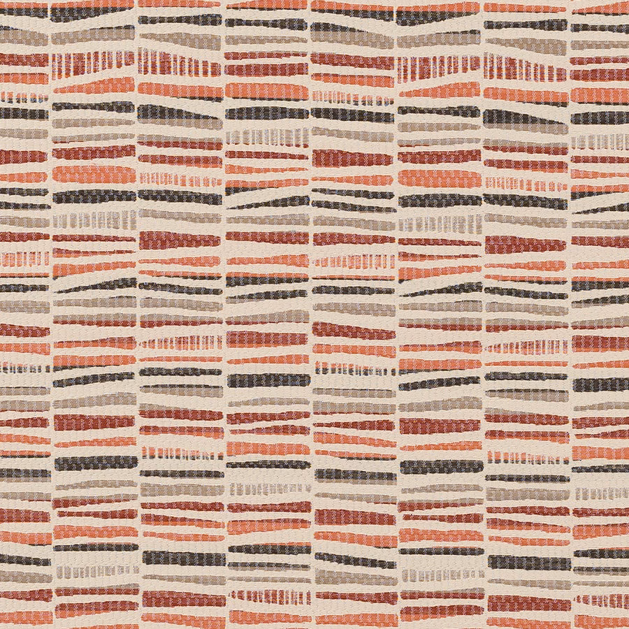 Textured woven fabric with terracotta, charcoal and beige broken stripes