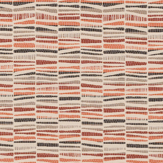 Textured woven fabric with terracotta, charcoal and beige broken stripes