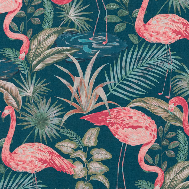 Tropical flamingo and palm print on a deep jade teal fabric ground