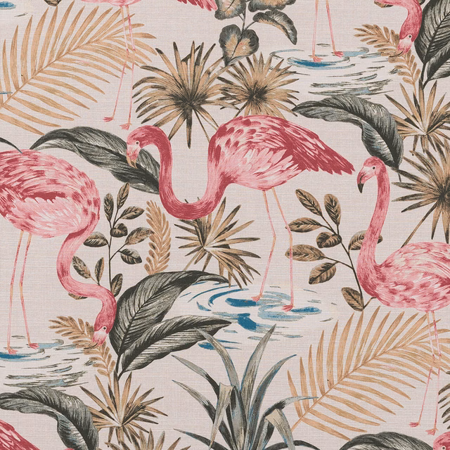 Tropical flamingo print on a natural cream textured ground with palms and foliage