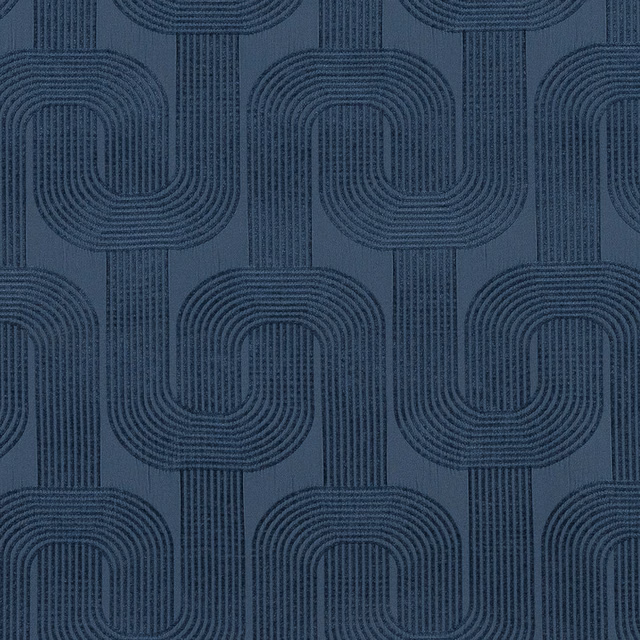Deep indigo geometric fabric with interlocking rounded links and ribbed texture