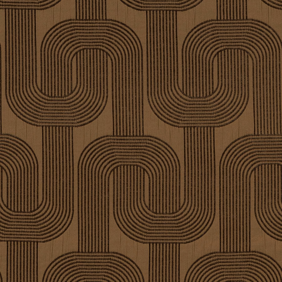 Mocha brown geometric stripe fabric with dark interlocking loop pattern