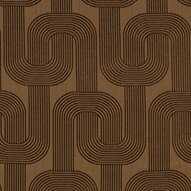 Mocha brown geometric stripe fabric with dark interlocking loop pattern