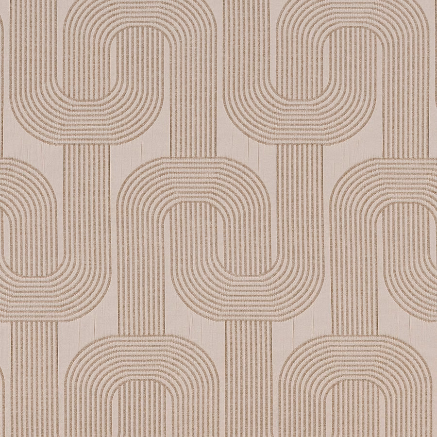 Warm beige geometric fabric with looped chain motif on a pale natural ground