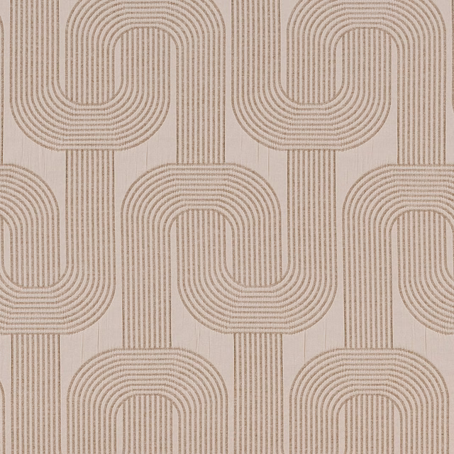 Warm beige geometric fabric with looped chain motif on a pale natural ground