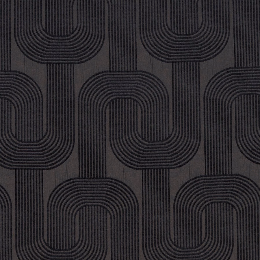 Close-up of dark geometric fabric with rounded square links in black on charcoal