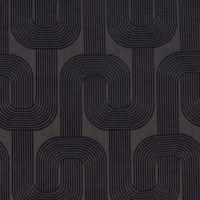 Close-up of dark geometric fabric with rounded square links in black on charcoal