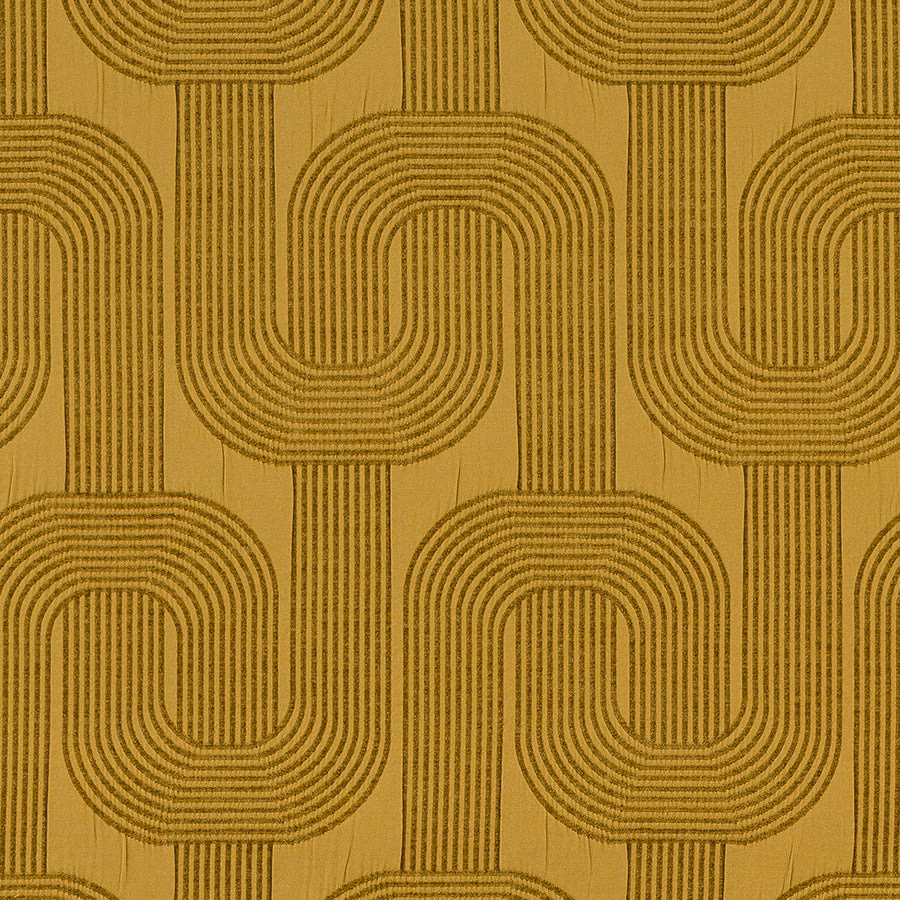 Ochre geometric fabric with interlocking striped links and a warm textured finish