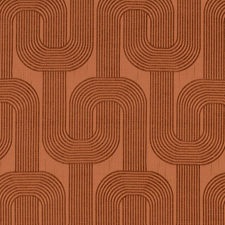 Warm terracotta fabric with interlocking brown geometric loop stripes