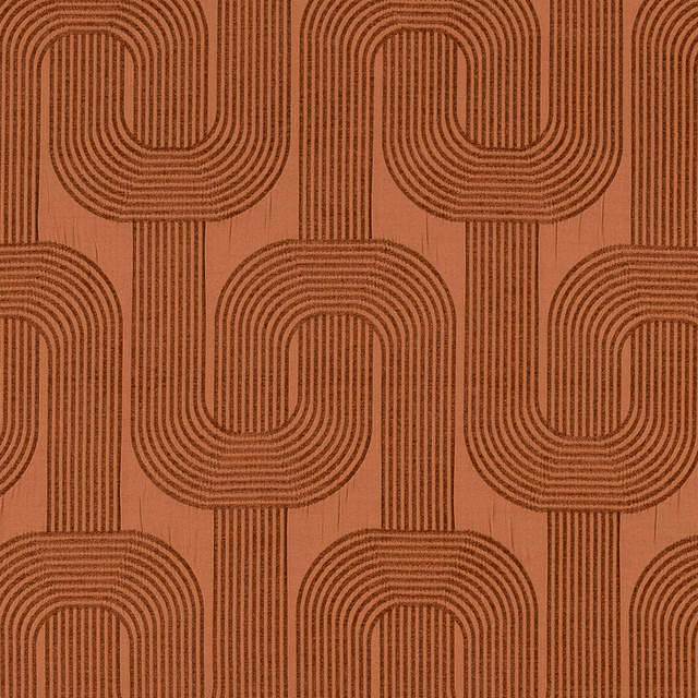 Warm terracotta fabric with interlocking brown geometric loop stripes
