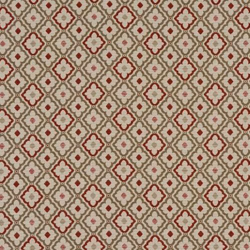 Small red and cream geometric swatch with terracotta outlines and olive detailing