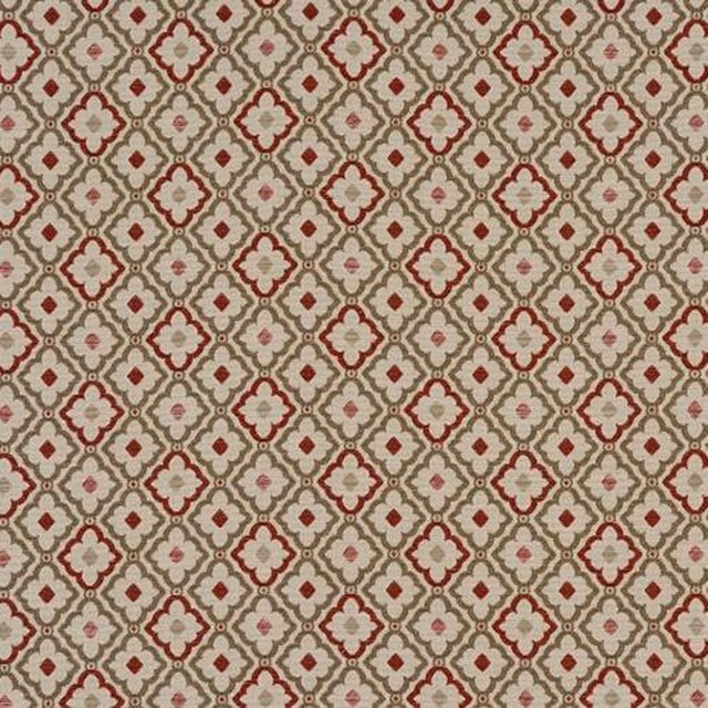 Small red and cream geometric swatch with terracotta outlines and olive detailing