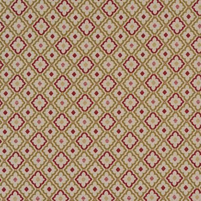 Small repeating damask lattice in rouge pink, olive and cream