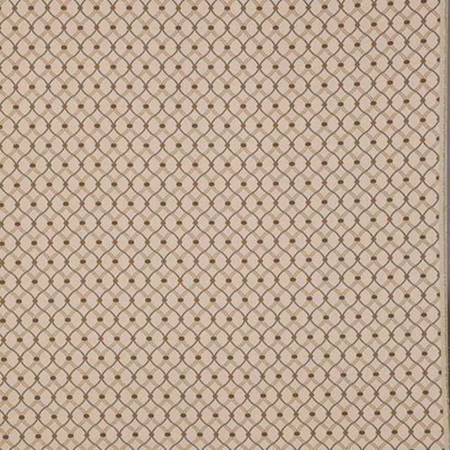 Muted teal and brown geometric lattice fabric on a pale ground