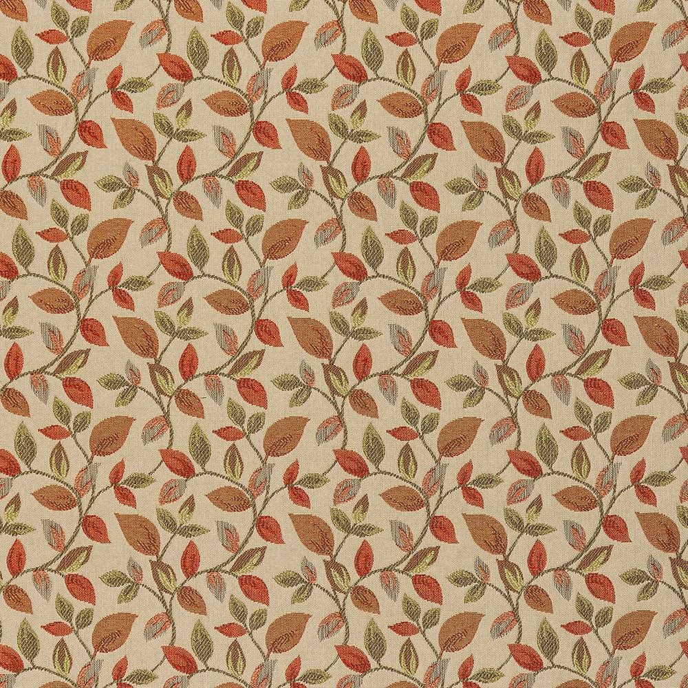 Leaf-pattern woven fabric in burnt orange, olive and red on a beige ground