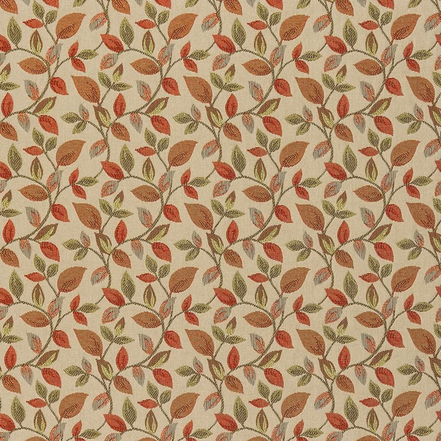Leaf-pattern woven fabric in burnt orange, olive and red on a beige ground