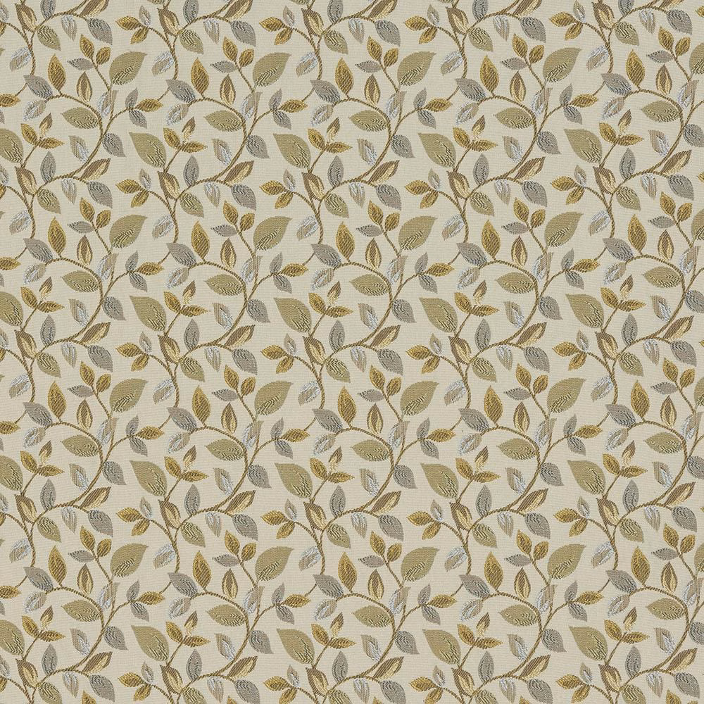 Repeated leaf trail fabric in soft beige, olive, taupe and mustard tones