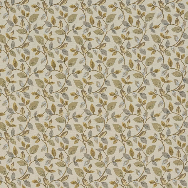 Repeated leaf trail fabric in soft beige, olive, taupe and mustard tones