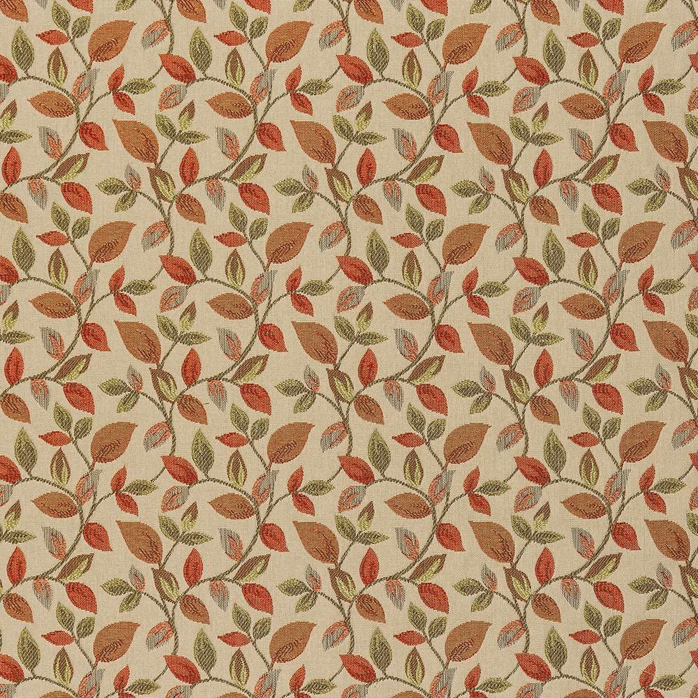 Cream floral woven fabric with burnt orange, olive and terracotta leaves