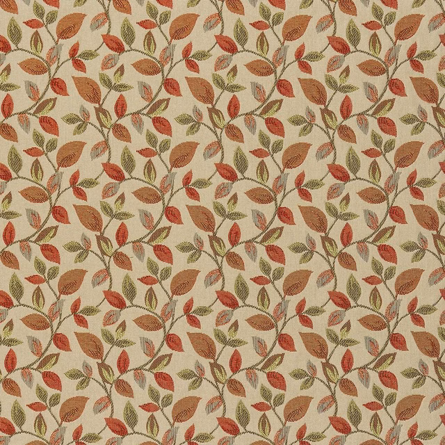 Cream floral woven fabric with burnt orange, olive and terracotta leaves