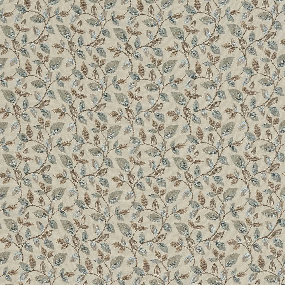 Pale botanical fabric with seafoam leaves and taupe vine on a cream ground