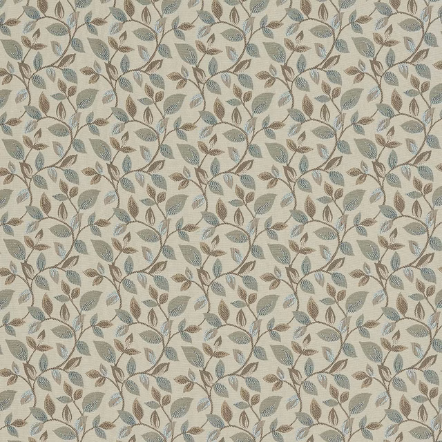 Pale botanical fabric with seafoam leaves and taupe vine on a cream ground