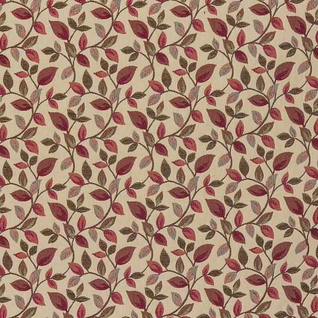 Wine and berry leaf trail fabric on a warm cream ground